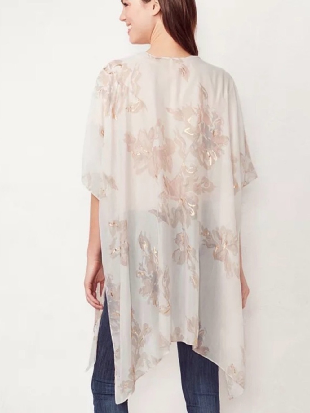Floral Pink Kimono Duster Lightweight Semi-Sheer Metallic OS LC Lauren Conrad - Picture 2 of 9